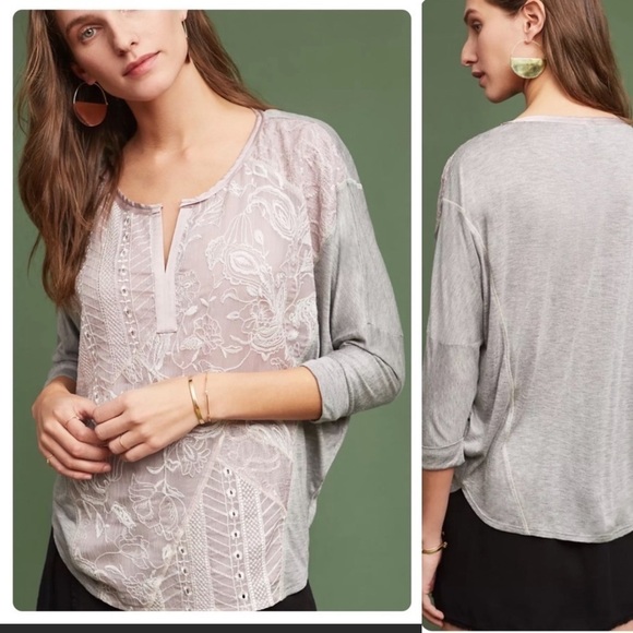 Tiny Anthropologie Hazel Embroidered Sequin Dolman Sleeve Top, Grey/Blush, Small - Picture 1 of 9